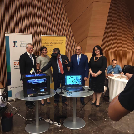 The President of the Parliament, Mr Demetris Syllouris, with the conference speakers. From left to right: Dr Bob Wardrop (University of Cambridge), Dr Victoria Kimonides (Microsoft), Prof. Stelios Kavvadias (University of Cambridge), Mr Demetris Syllouris and Dr Katerina Kaouri.