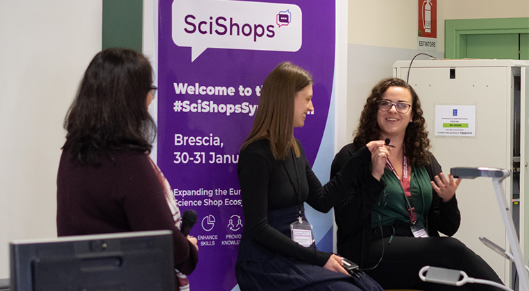 Caption: University of Guelph students and winners of the SciShops Pitch Symposium, Brianna Wilson and Sonia Zawitkowski, talking about their community-research project. Photo: Liselotte Rambonnet